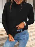 Black ribbed mock neck long sleeve sweater, textured knit