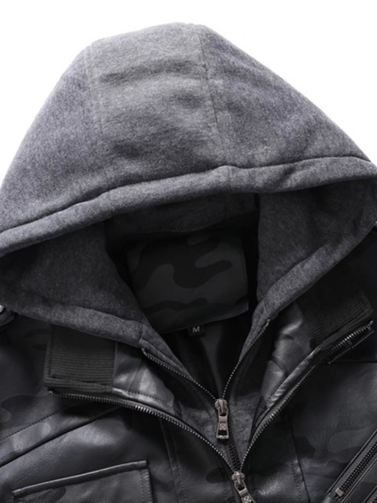 Grey fleece-lined hood inside view with front zipper opening