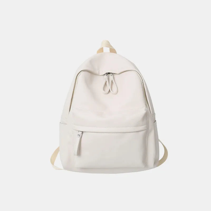 Ivory vegan leather zip backpack with drawstring cord and front zip pocket