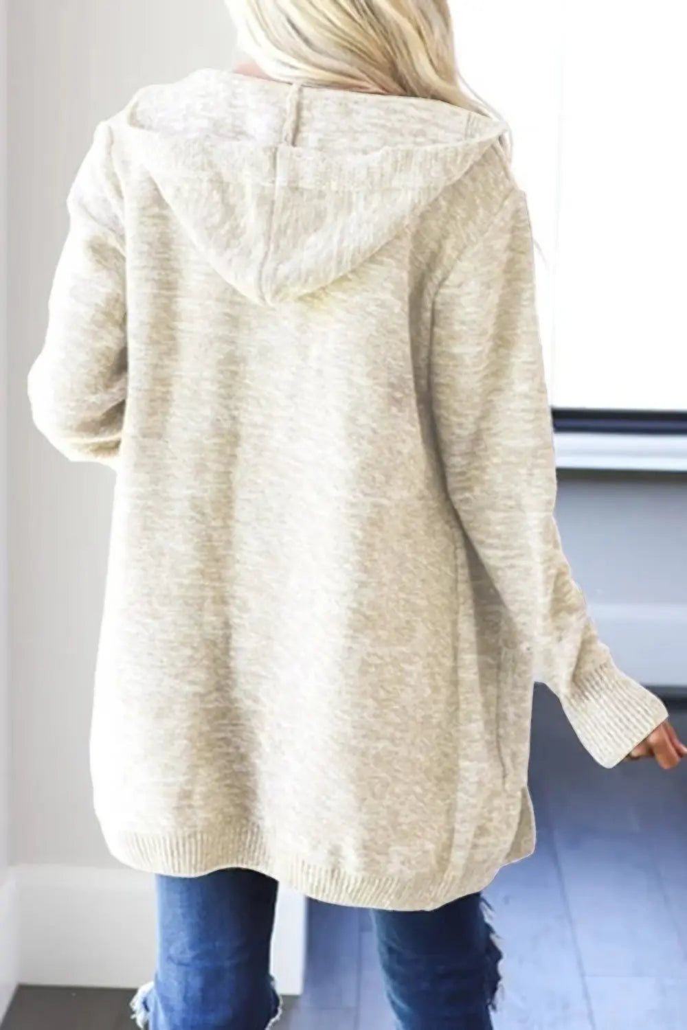 Heathered open-front cardigan, beige hooded back view with ribbed knit cuffs