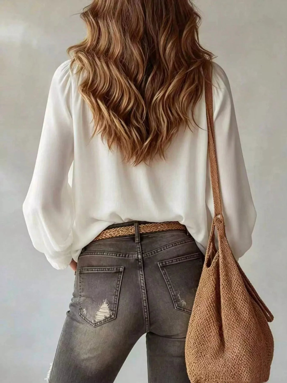 White ruffle V-neck front-tie blouse top, rear view with long sleeves