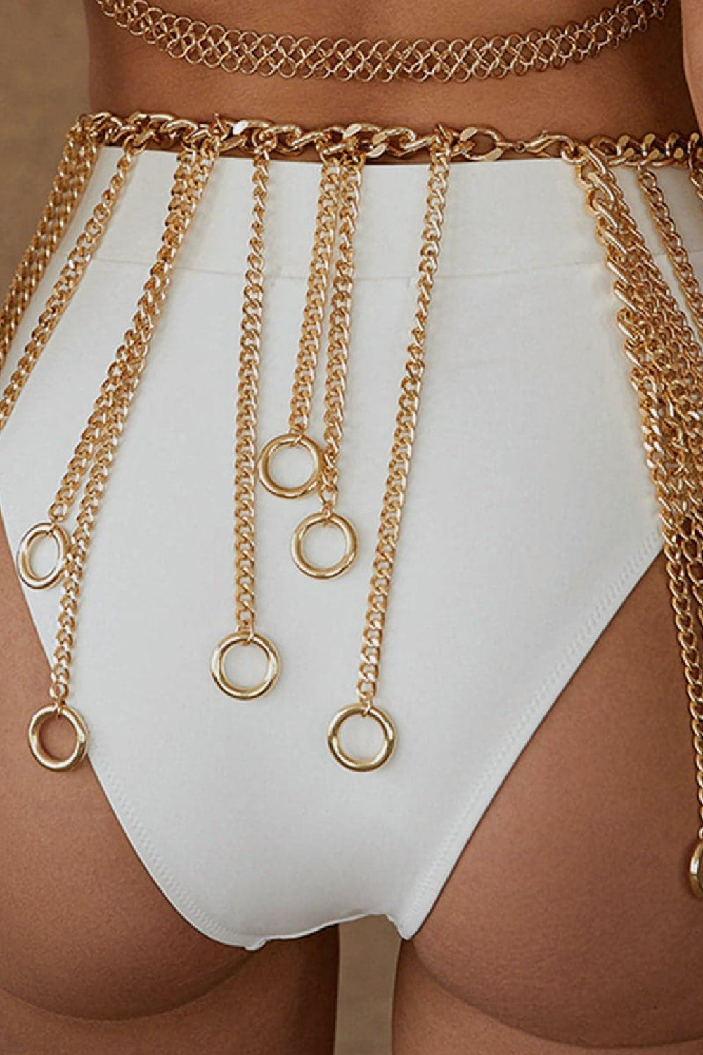 Gold-tone chain alloy fringe belt with dangling ring drops and linked rows