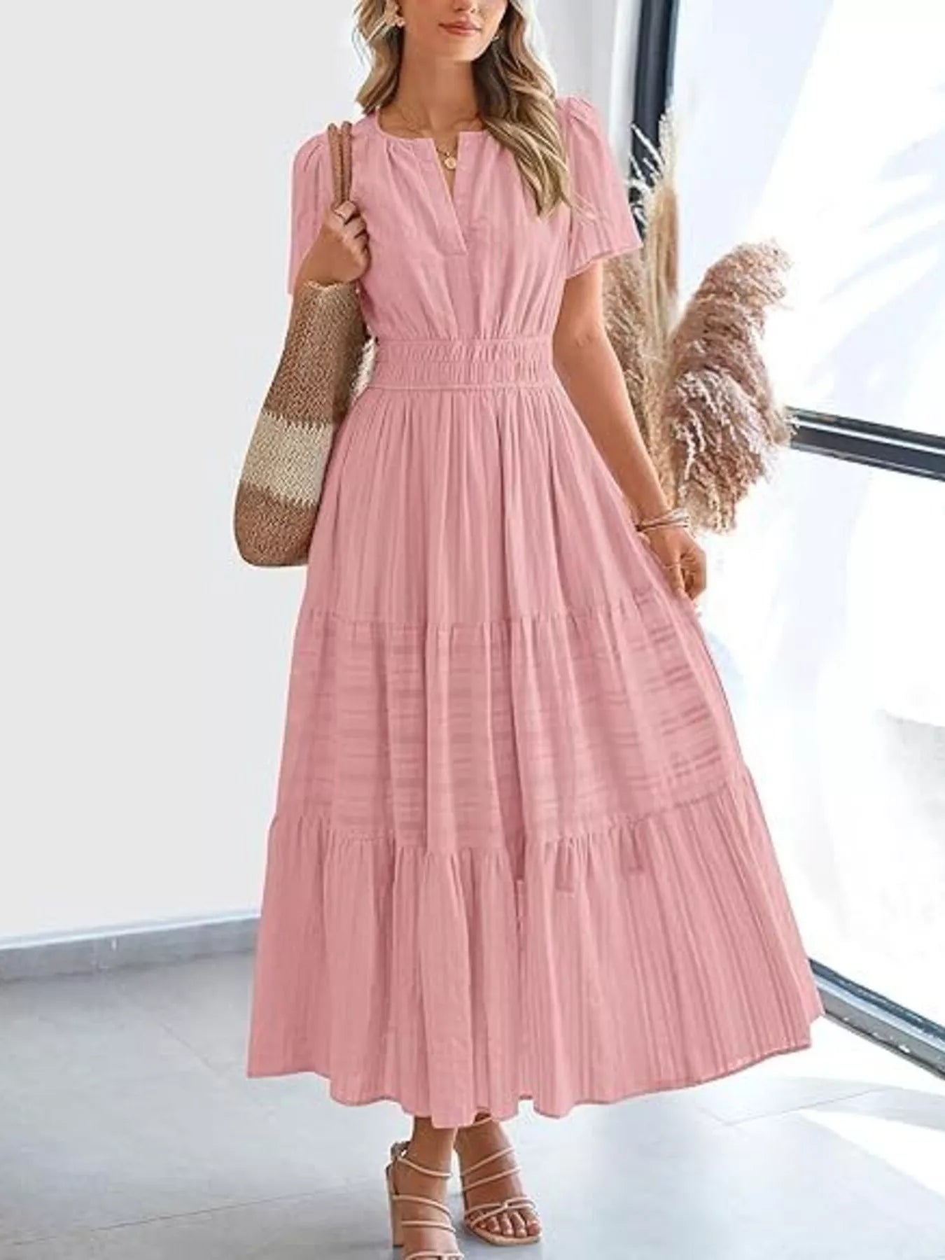 Dusty pink tiered midi dress with short sleeves and V-neck, gathered waist