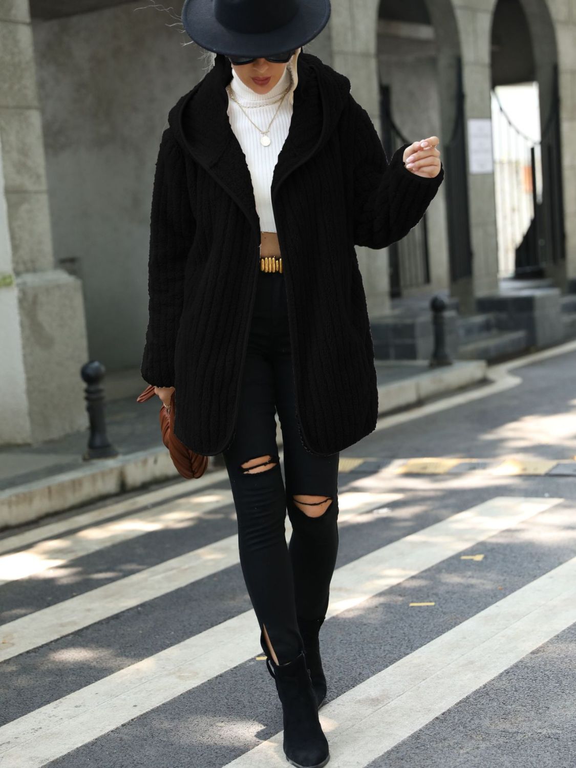 Black ribbed hooded open-front coat with hood, open front, and long sleeves