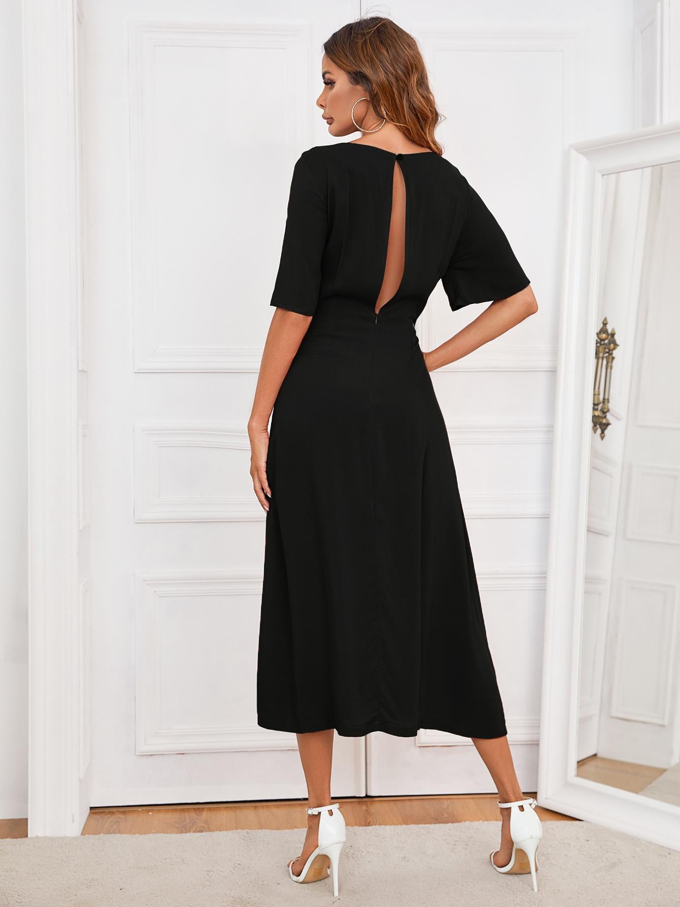 Black round-neck cutout half-sleeve midi dress, open back with A-line skirt