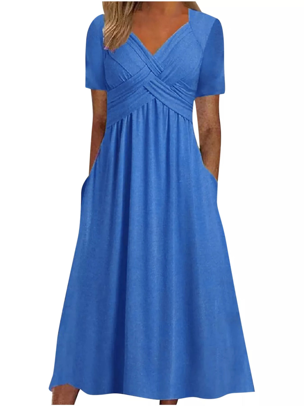 Blue crisscross V-neck high-waist midi dress with short sleeves and flowing skirt