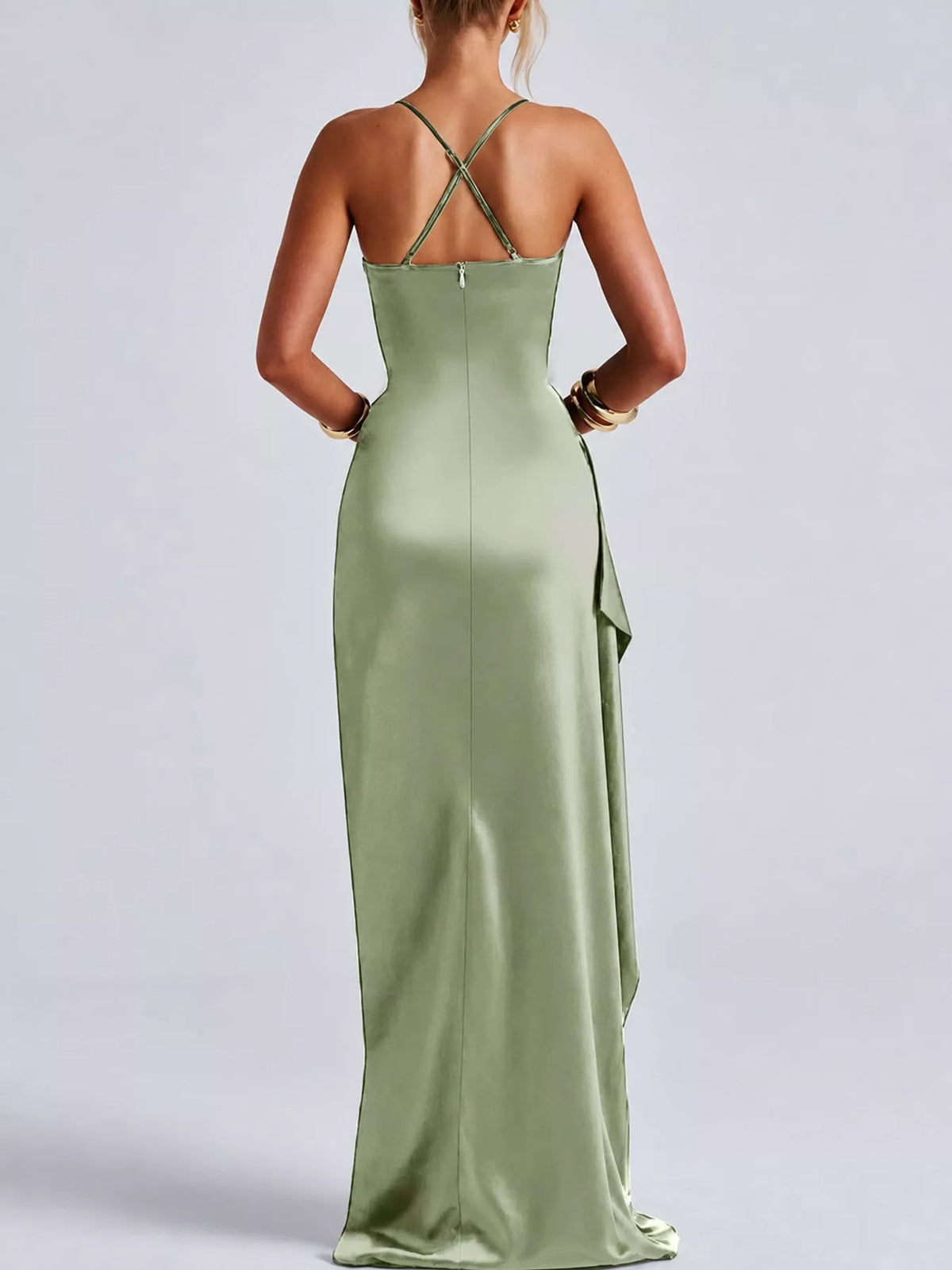 Olive satin ruched maxi dress with crisscross back straps and high side slit