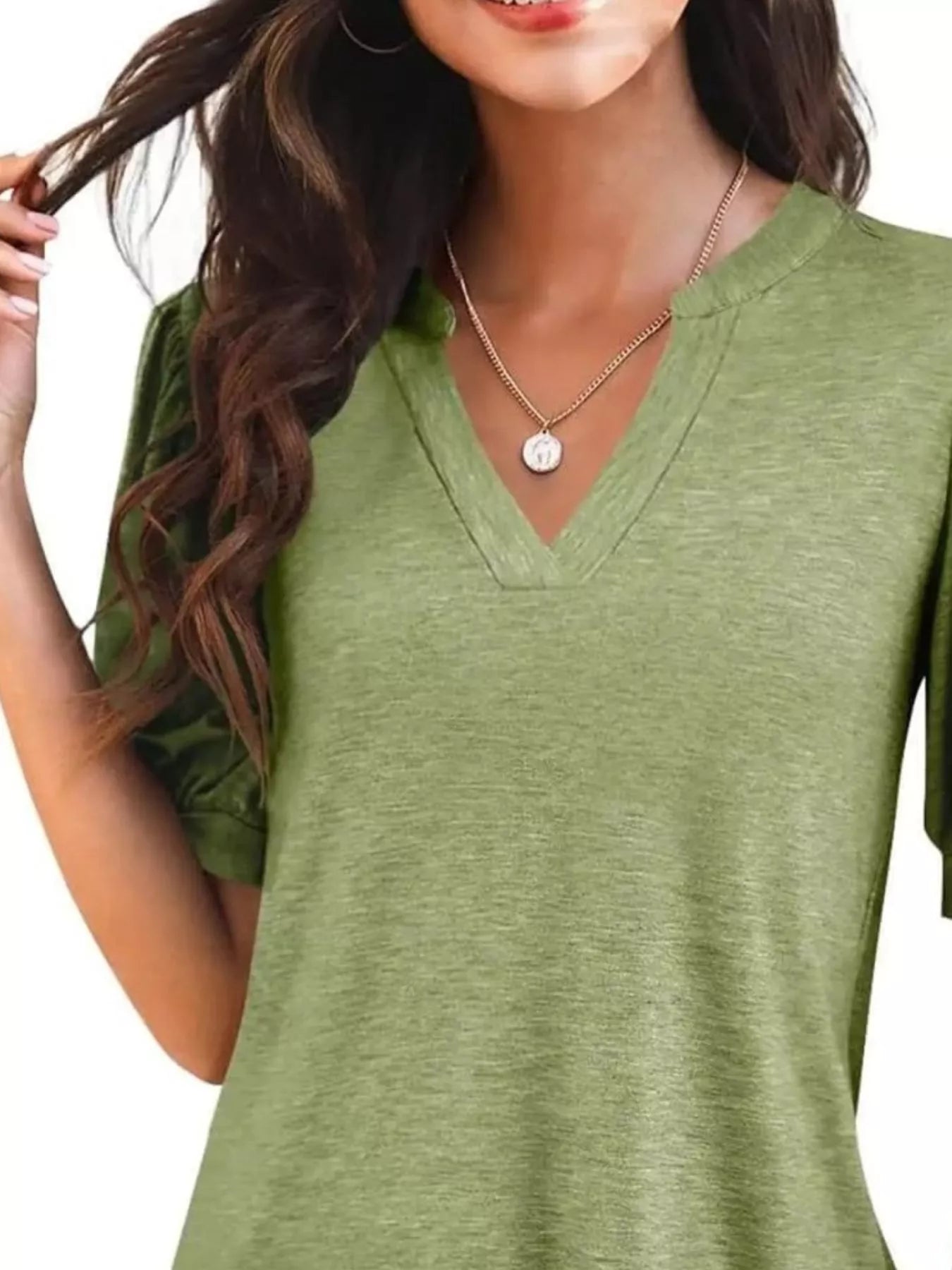 Cedar & Moore: Trendsi puff sleeve notched casual T-shirt in olive green knit fabric
