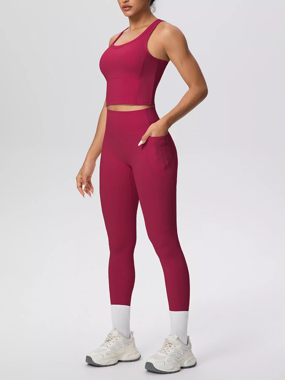Burgundy scoop-neck tank and high-waist leggings set, sleeveless, close fit