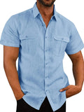 Light blue men's short-sleeve collared button-up shirt with chest pockets