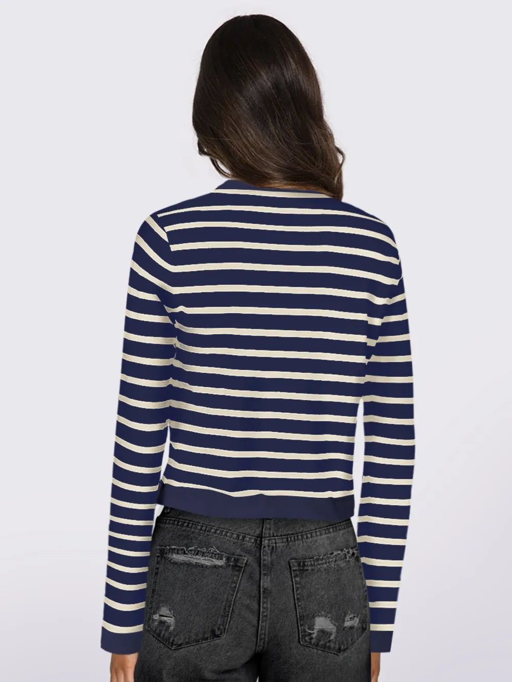 Striped cardigan back view with long sleeves and button placket, navy and white