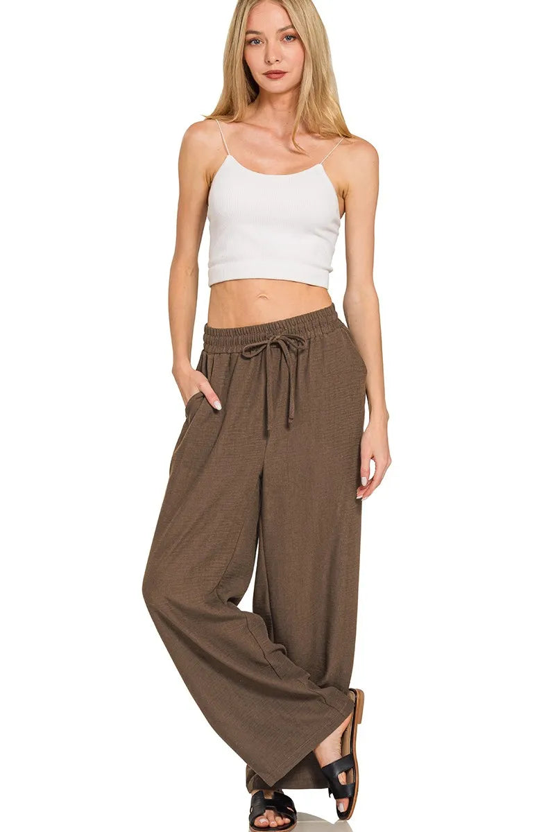Brown woven crepe elastic-waist pants with drawstring, wide-leg, ankle length