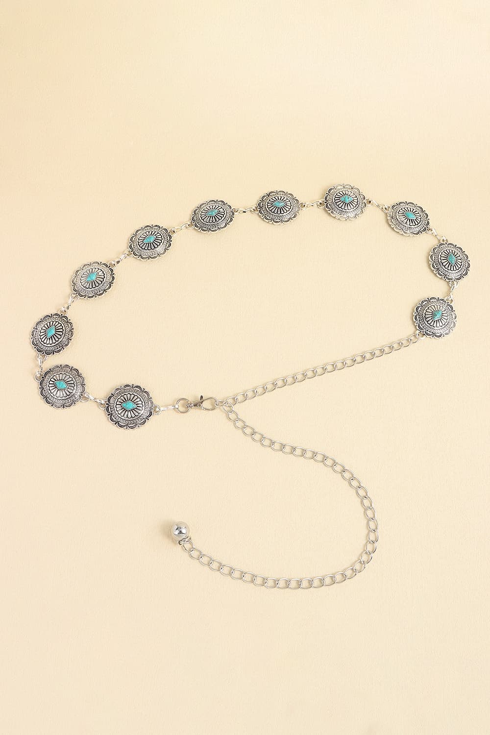 Vintage turquoise alloy belt with small oval turquoise inlay links and dangling silver chain