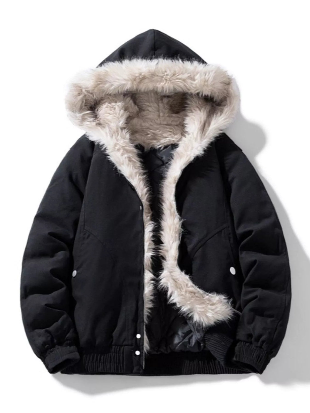Black hooded zip-up winter jacket with faux-fur lining and front zipper.