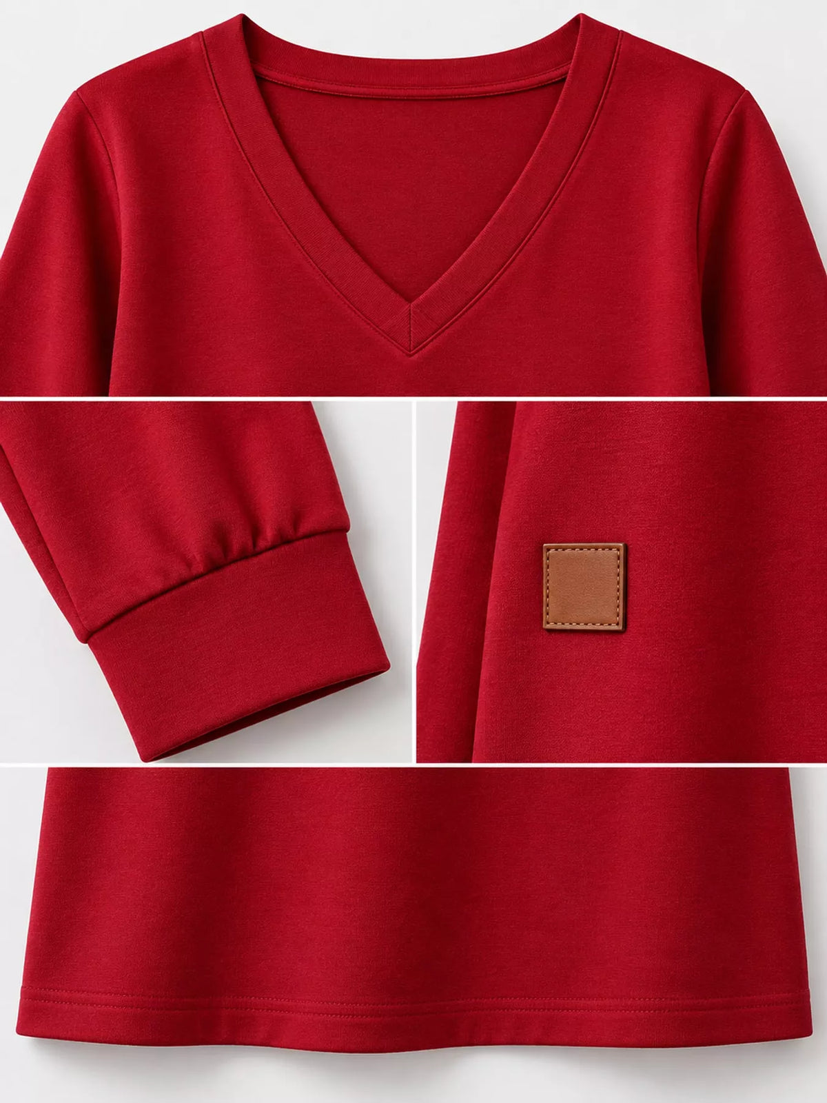 Red V-neck long-sleeve midi dress close-up: collar seams and square chest patch