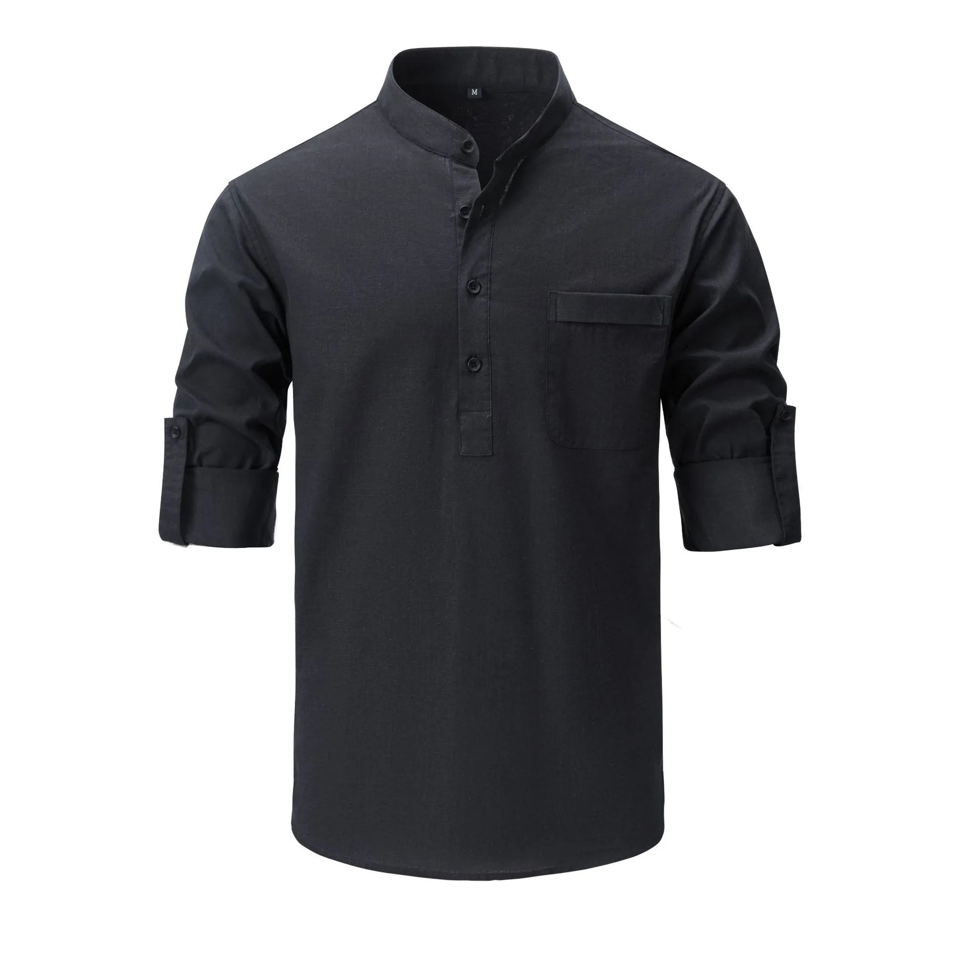 Men's mandarin collar roll-up sleeve shirt, black, front view with chest pocket