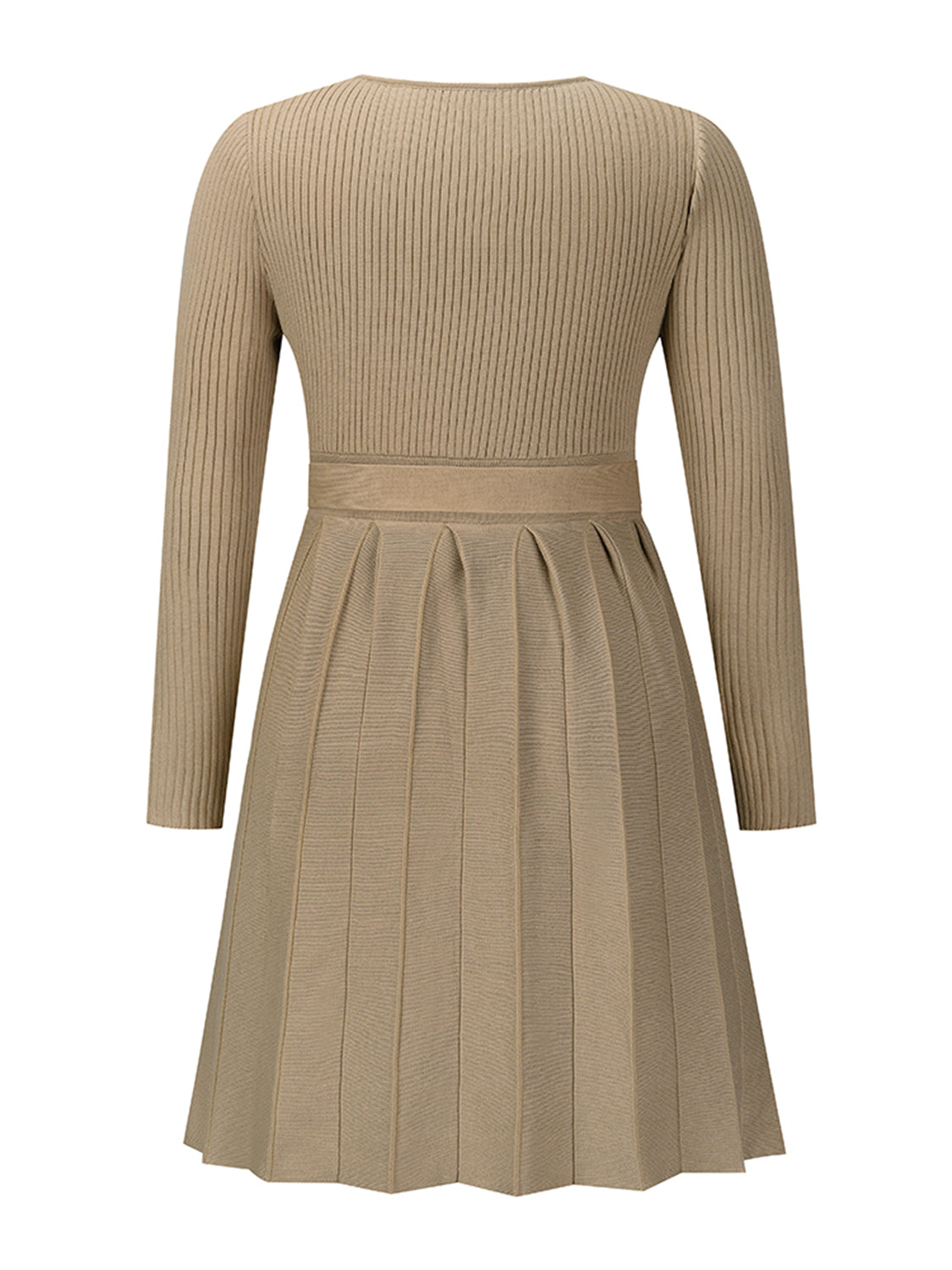 Beige knit sweater dress back view with long sleeves and pleated A-line skirt