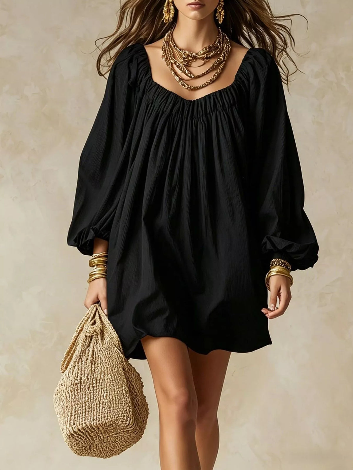 Black gathered mini dress with balloon sleeves and square neckline