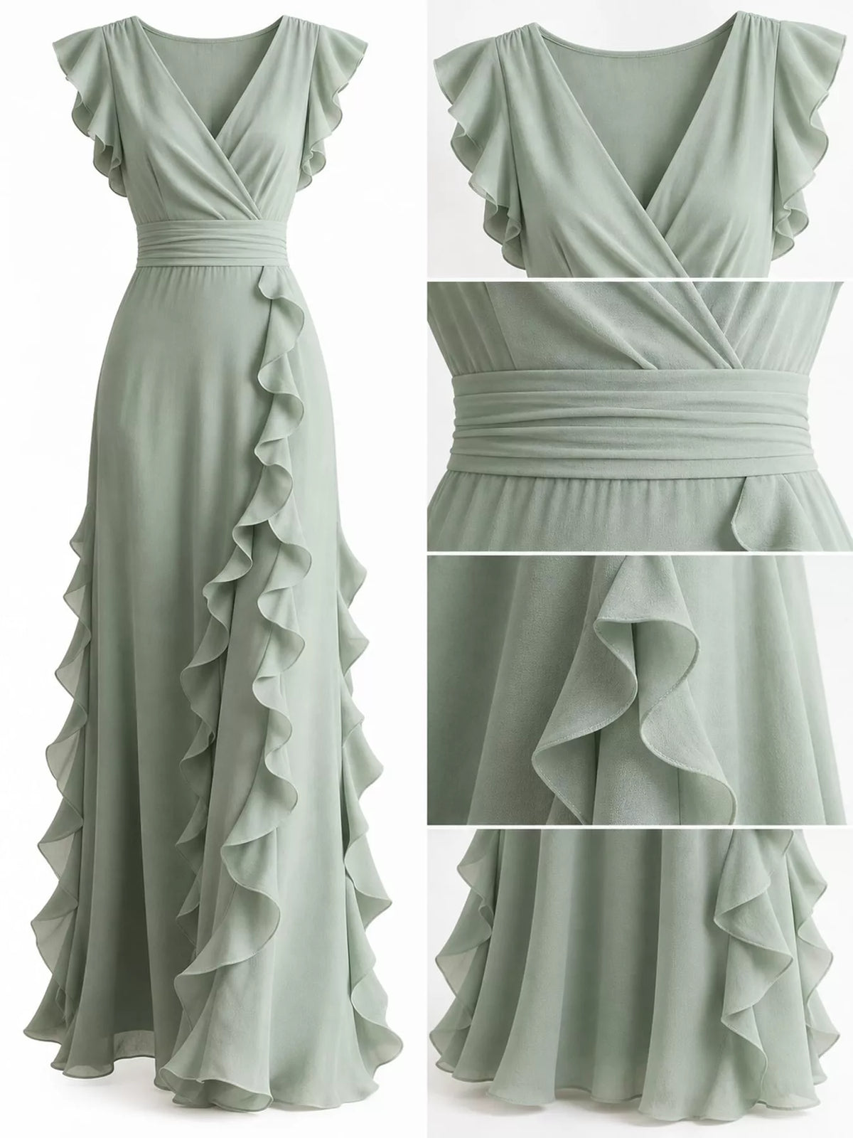 Sleeveless ruffled high-waist maxi dress in sage green, close-up of waist tie and ruffle hem