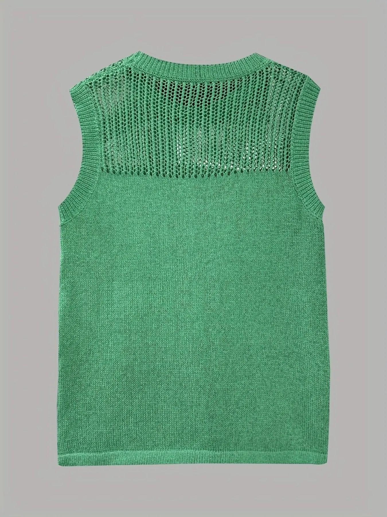 Green openwork sleeveless sweater vest, flat lay back view