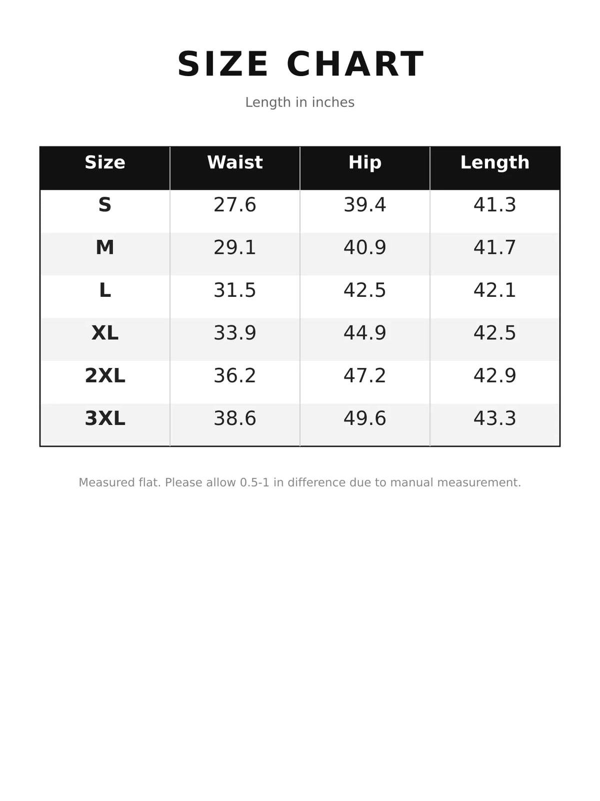 Size chart table for high waisted wide leg velvet pants, with waist, hip, length