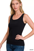 Cedar & Moore Zenana Essential Solid Basic Scoop Neck Tank Top, black, sleeveless women's top.