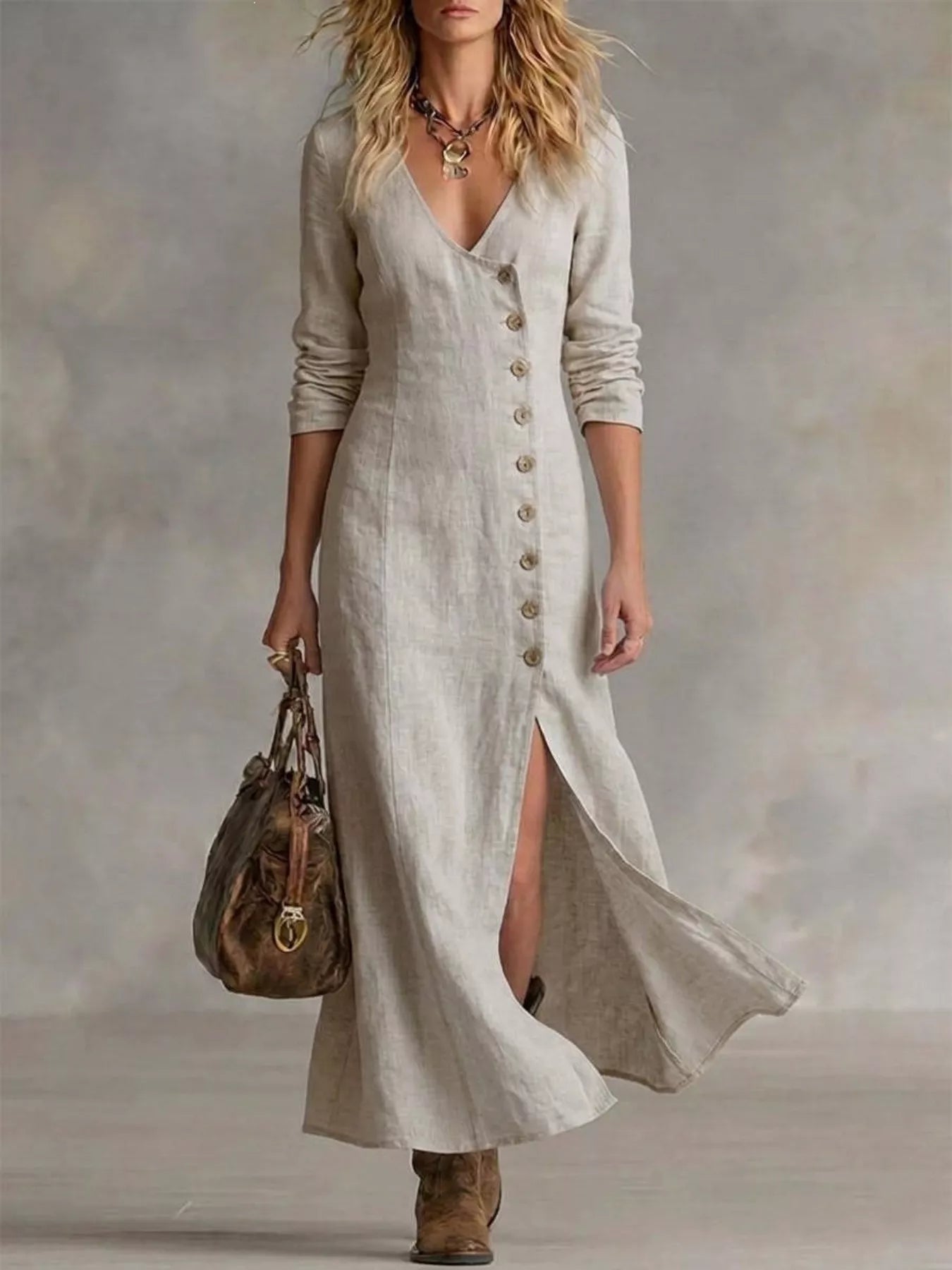 Red maxi dress with button front, V-neck, three-quarter sleeves, side slit