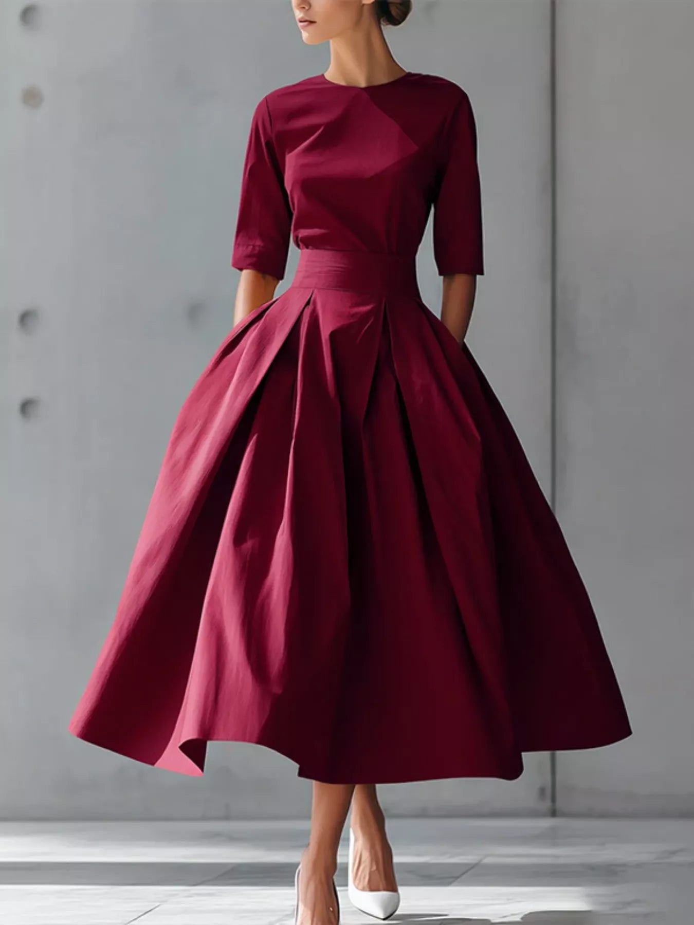 Burgundy round-neck A-line midi dress with short sleeves and flared pleated skirt