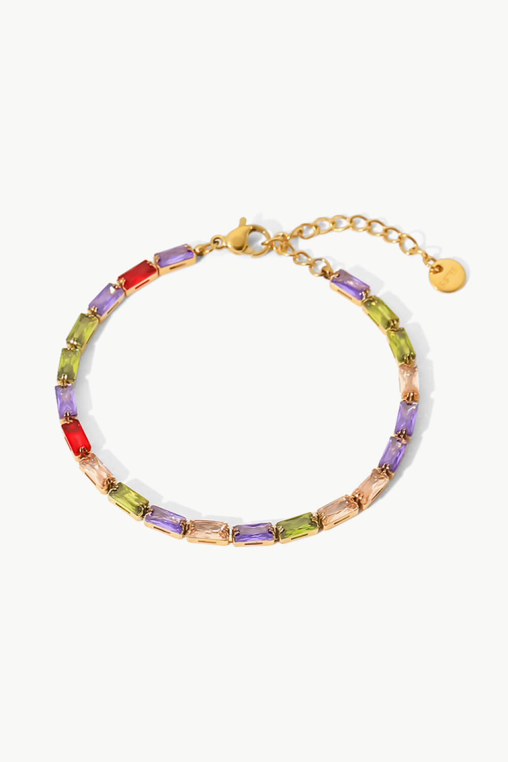 Gold-plated bracelet with multicolored cubic zirconia rectangular stones and chain extender