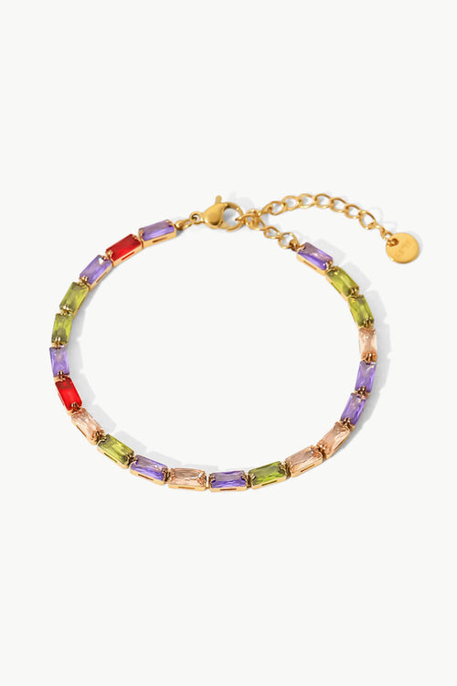 Gold-plated bracelet with multicolored cubic zirconia rectangular stones and chain extender