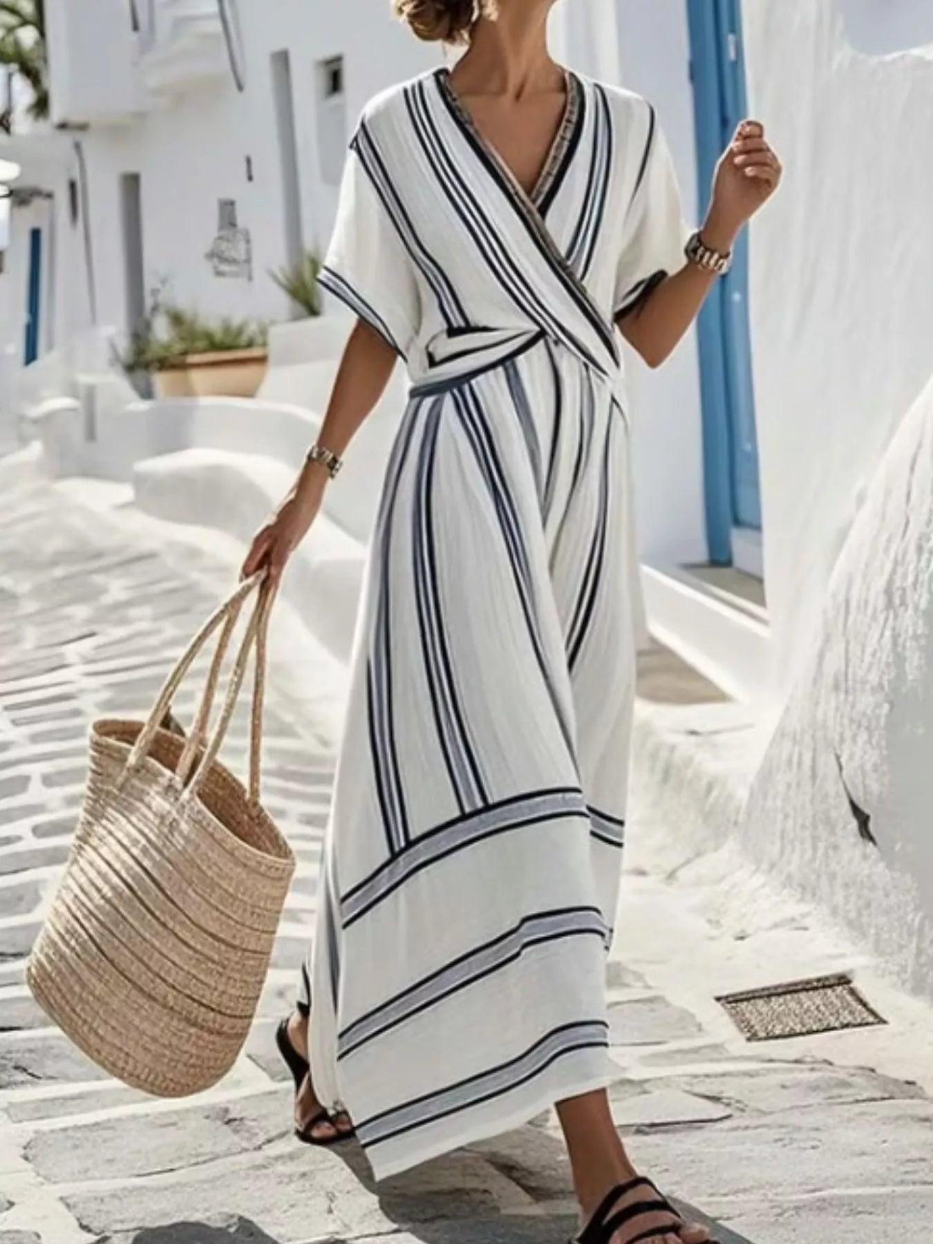 Striped short-sleeve wrap maxi dress in tan and white with navy vertical stripes