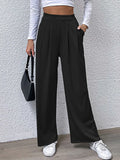 High-waist straight black pants with pleated front and wide legs