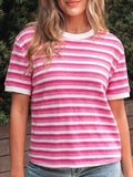 Cedar & Moore Textured Knit Short Sleeve Crossed Detail Tee in pink and white stripes