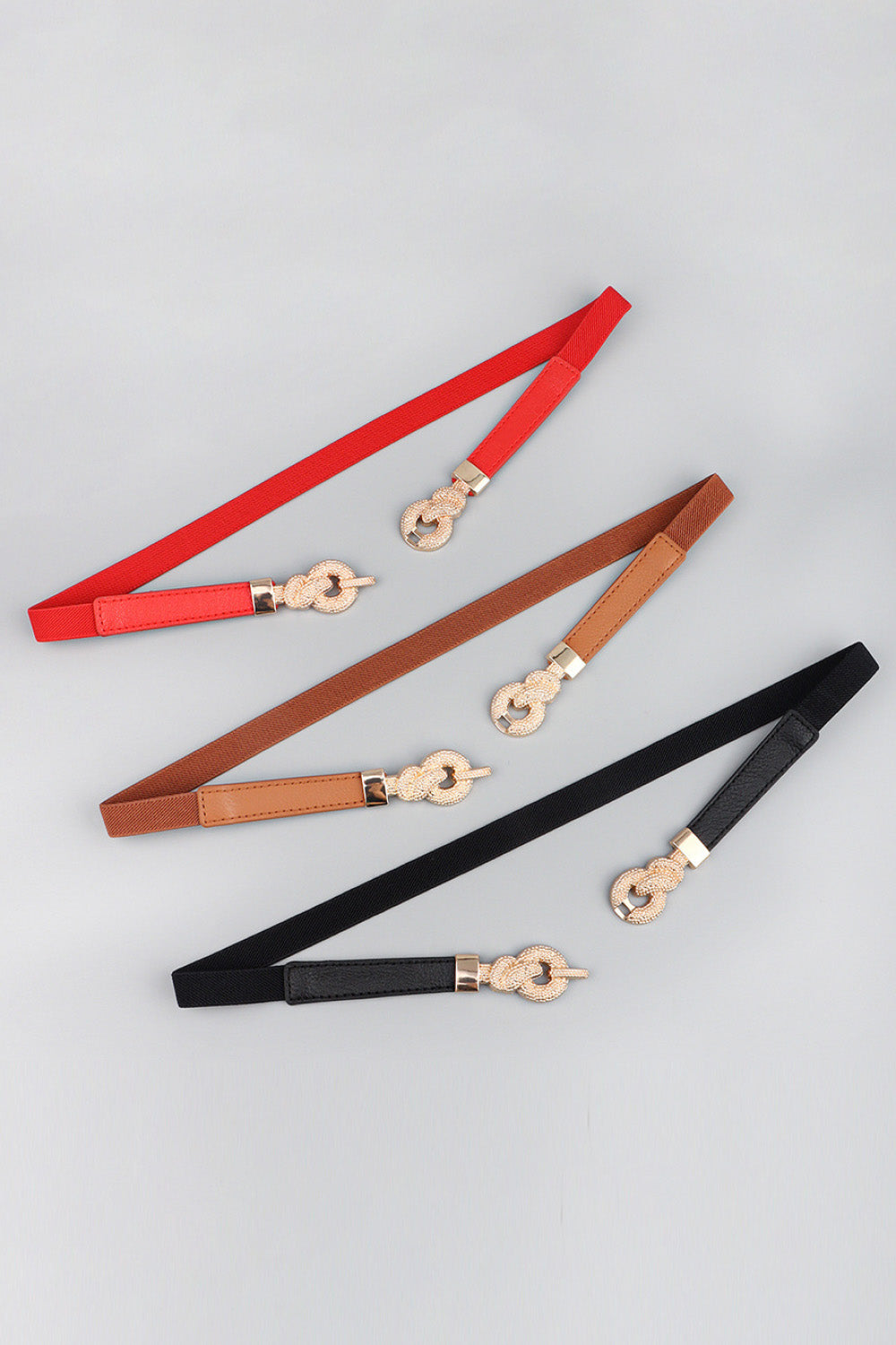 Belt set: red, tan, and black vegan leather belts with zinc alloy chain-link buckles