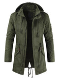 Men's army green hooded parka coat with drawstring, zip front, flap chest pockets