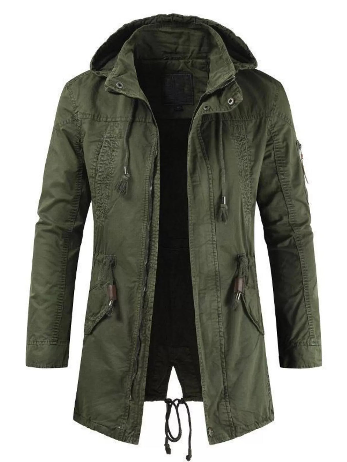 Men's army green hooded parka coat with drawstring, zip front, flap chest pockets
