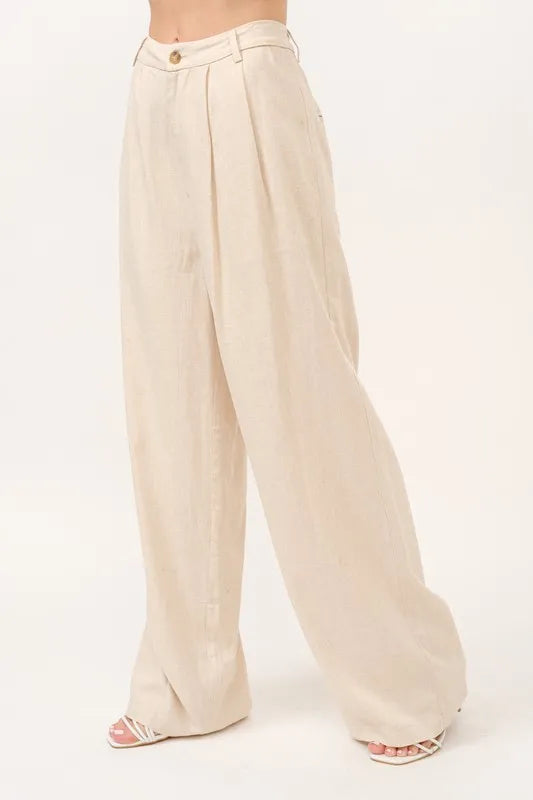 High-rise wide-leg linen-blend pants in oatmeal, drapey fabric and wide hems