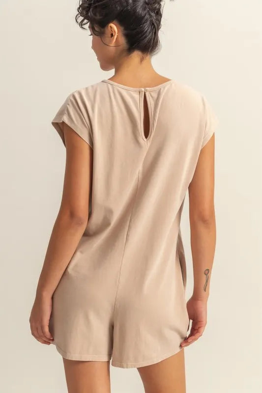Cedar & Moore HYFVE beige round-neck cap-sleeve relaxed-fit breezy romper back view