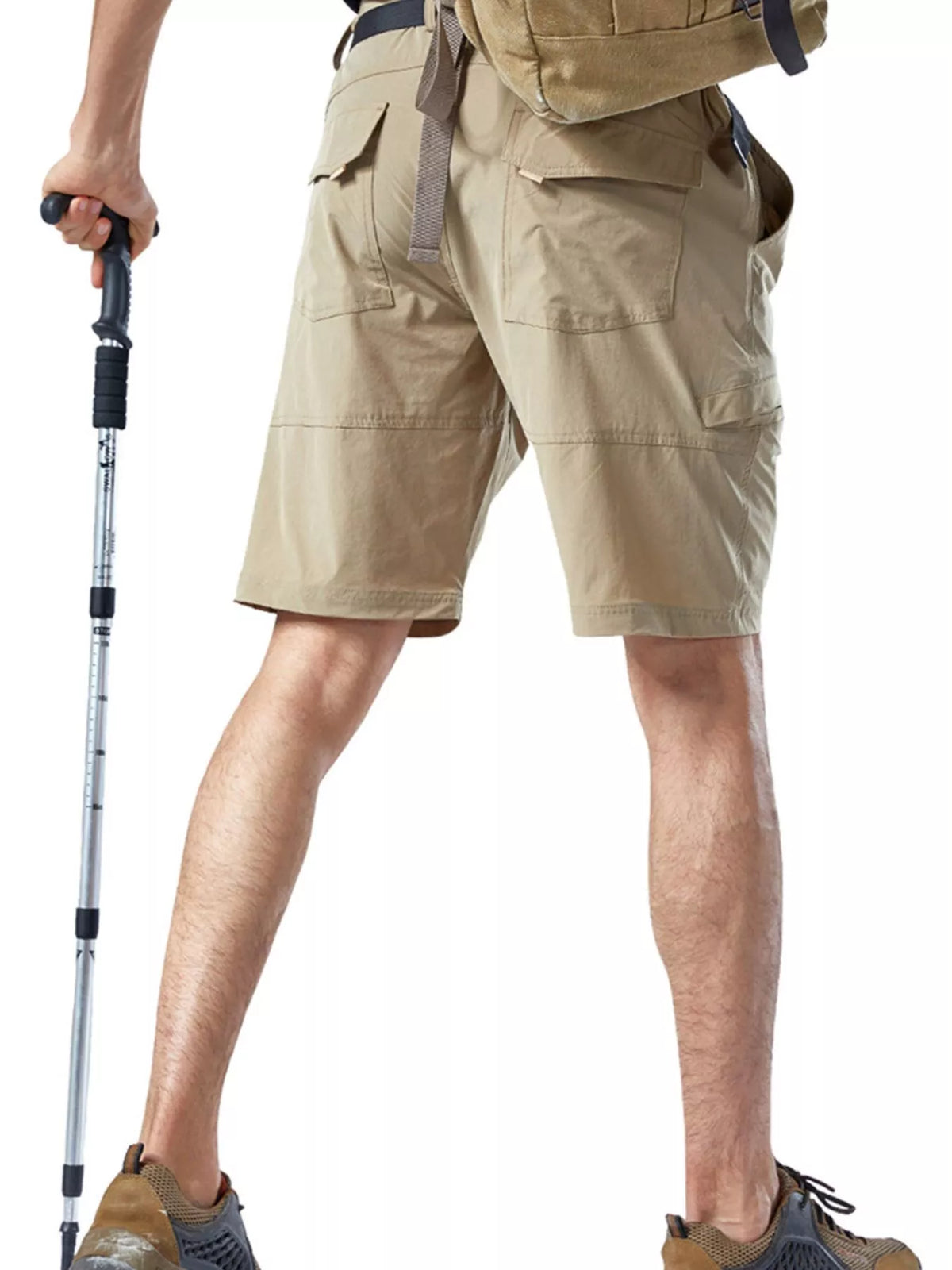 Beige relaxed cargo shorts with belt, zip fly, and stacked side cargo pockets