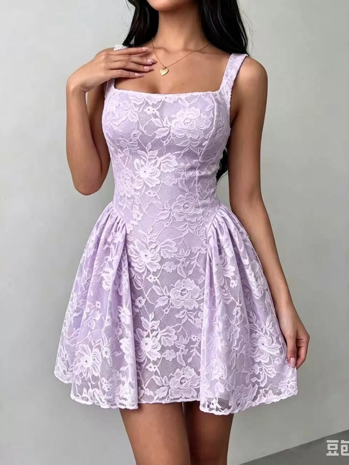 Lavender lace square-neck sleeveless fit-and-flare dress with floral pattern