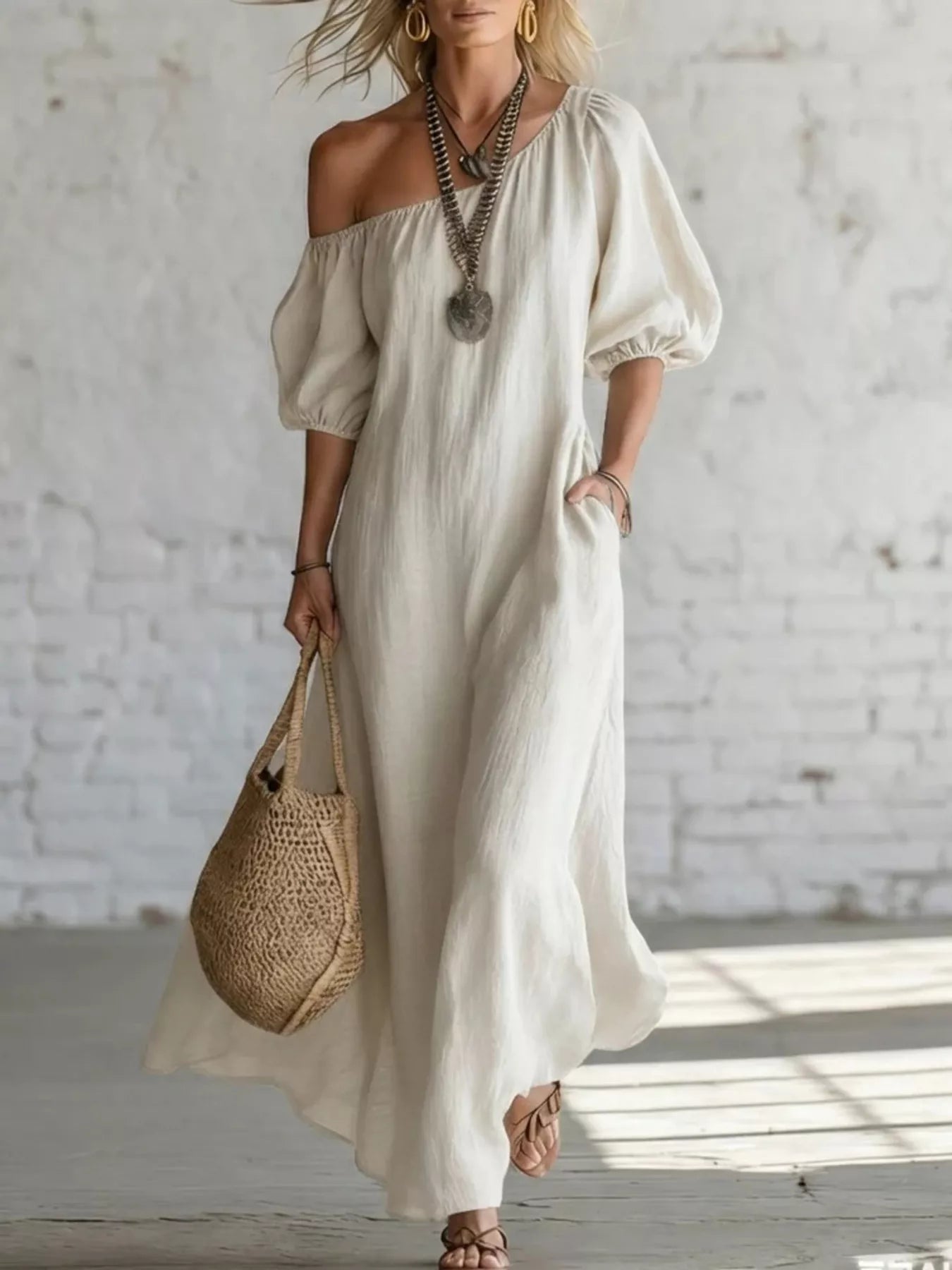 White one-shoulder maxi dress with puff sleeves and flowing draped skirt