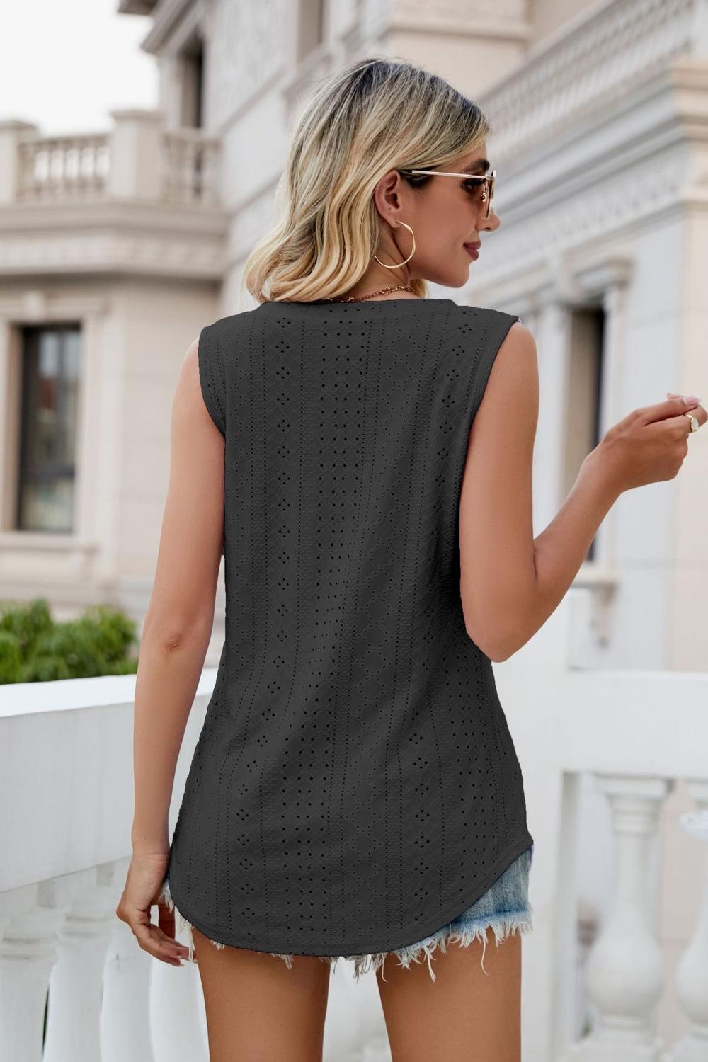 Black eyelet V-neck tank, sleeveless back with lace cutout pattern