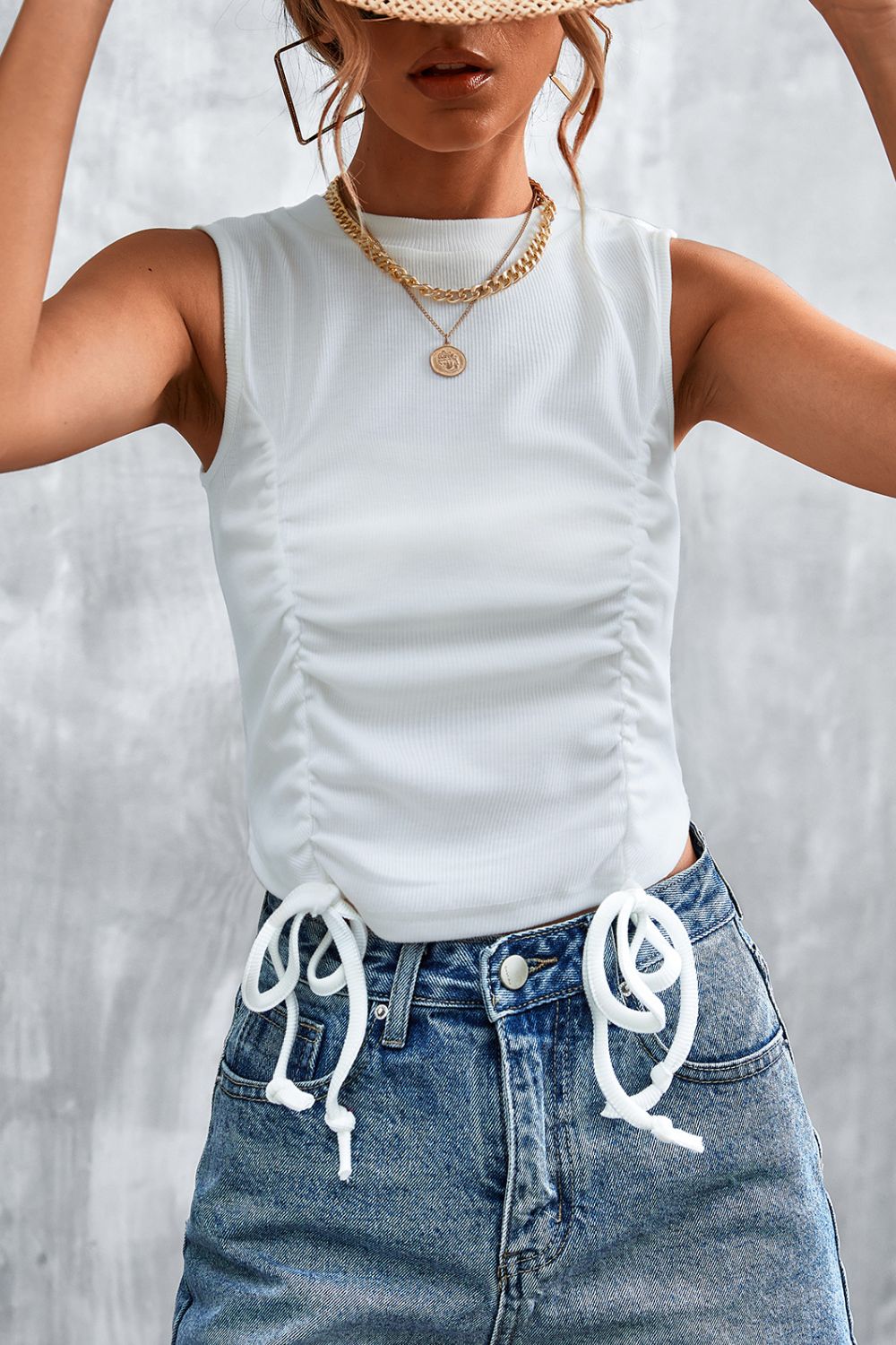 White ruched round-neck tank with two drawstring cords at hem