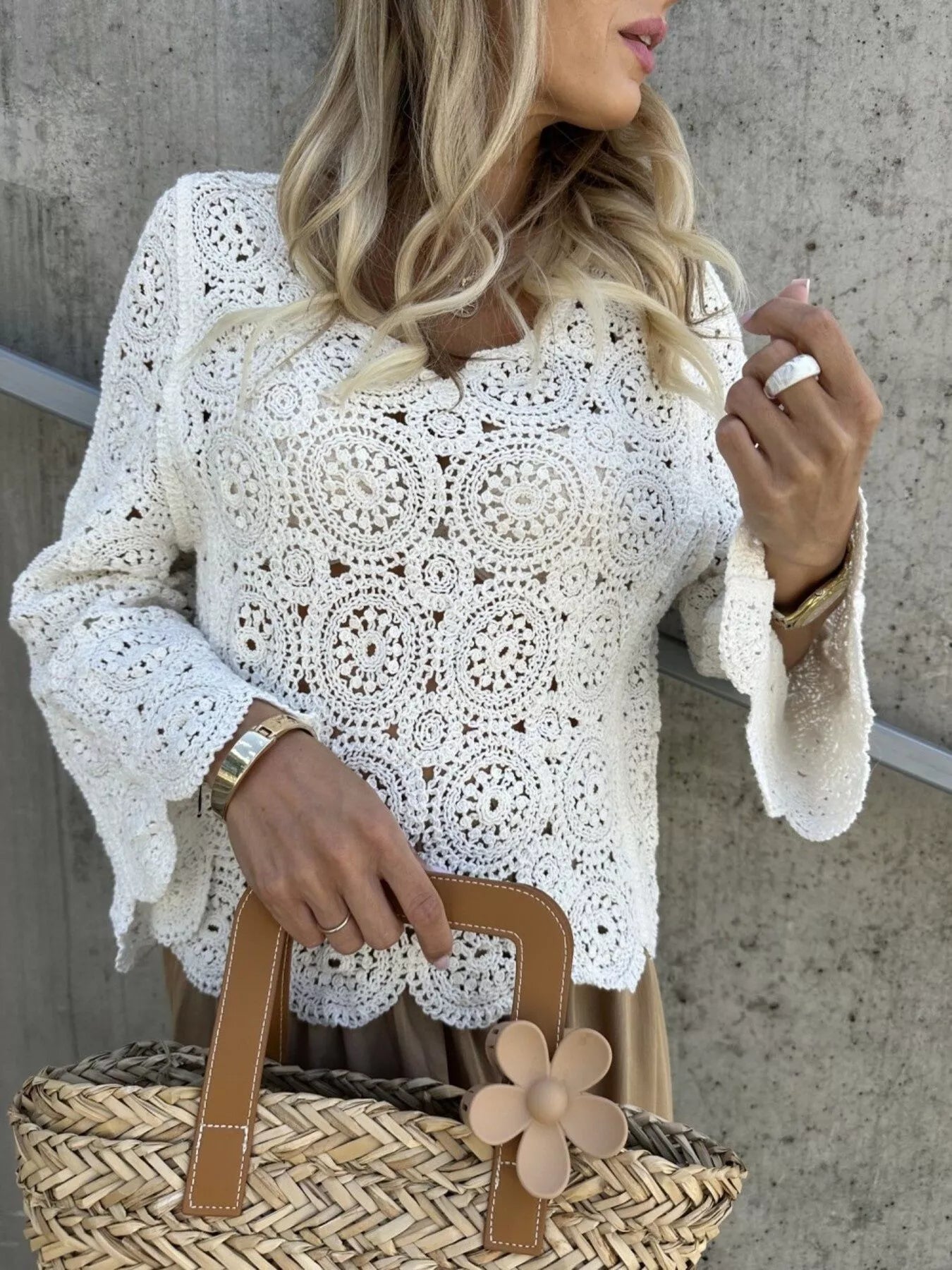 White crochet lace knit top with V-neck and scalloped hem, long bell sleeves