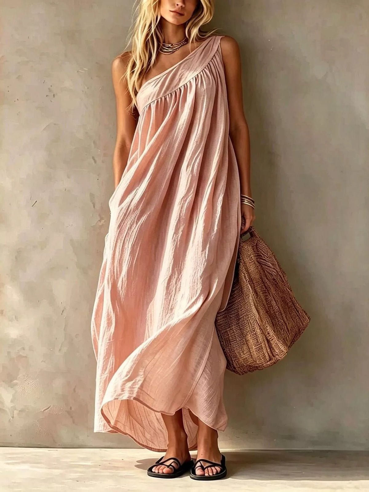 One-shoulder maxi dress in blush pink with gathered neckline and flowing skirt