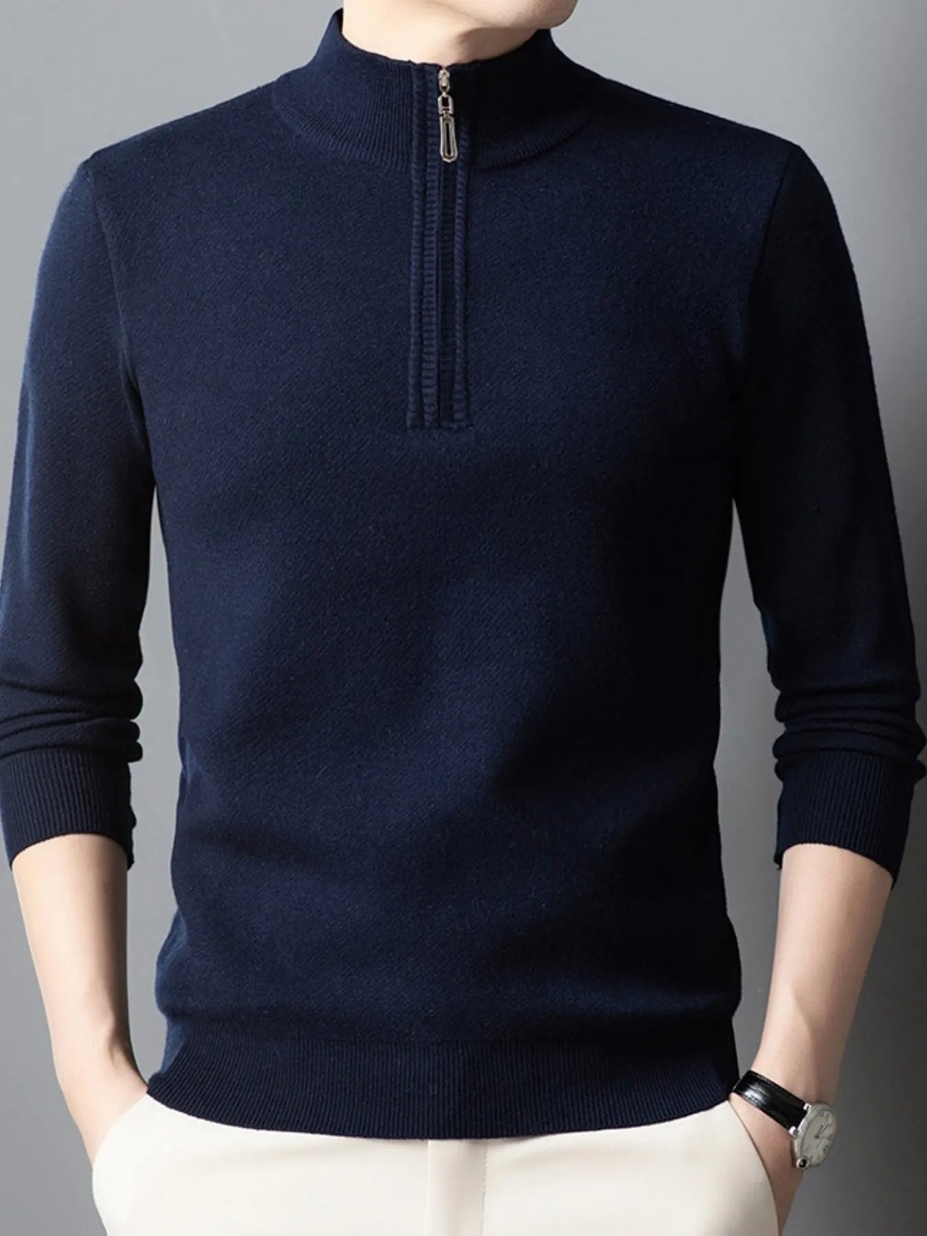 Dark navy quarter-zip long-sleeve sweater with ribbed mock neck and zipper