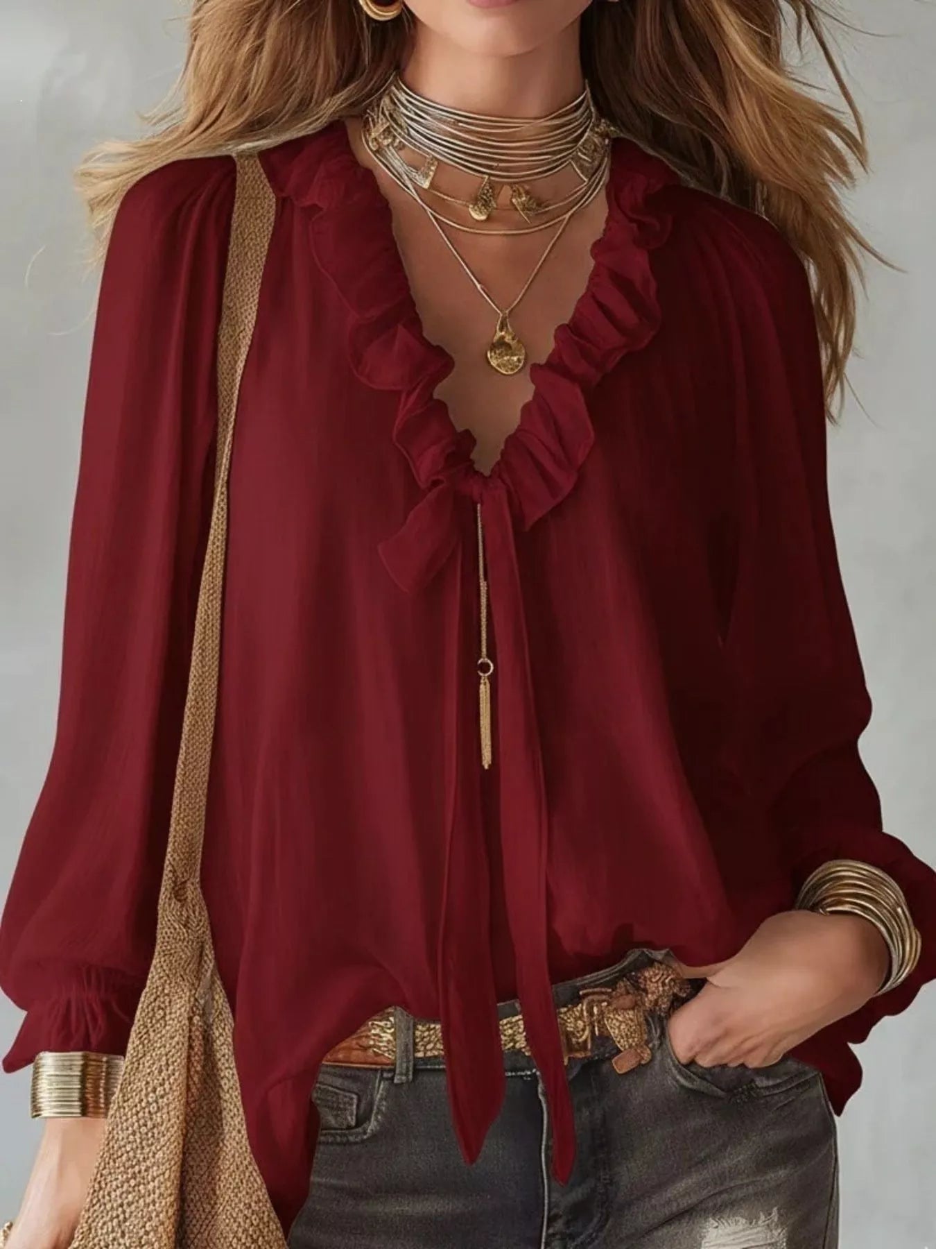 Burgundy ruffle long-sleeve blouse with scalloped V-neck ruffle trim and tie