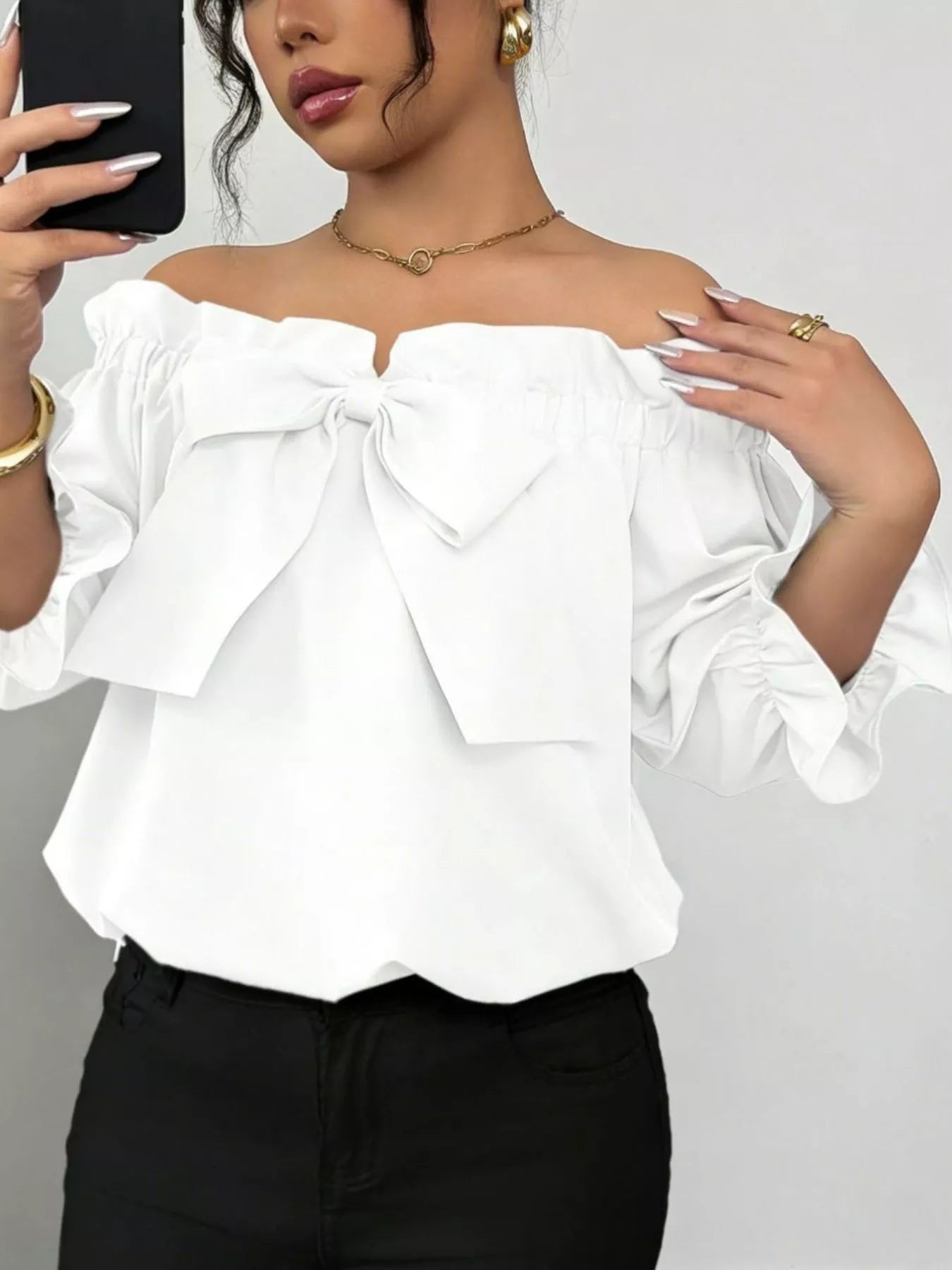 Bow Flounce Sleeve Blouse, white off-shoulder top with large bow and ruffled sleeves