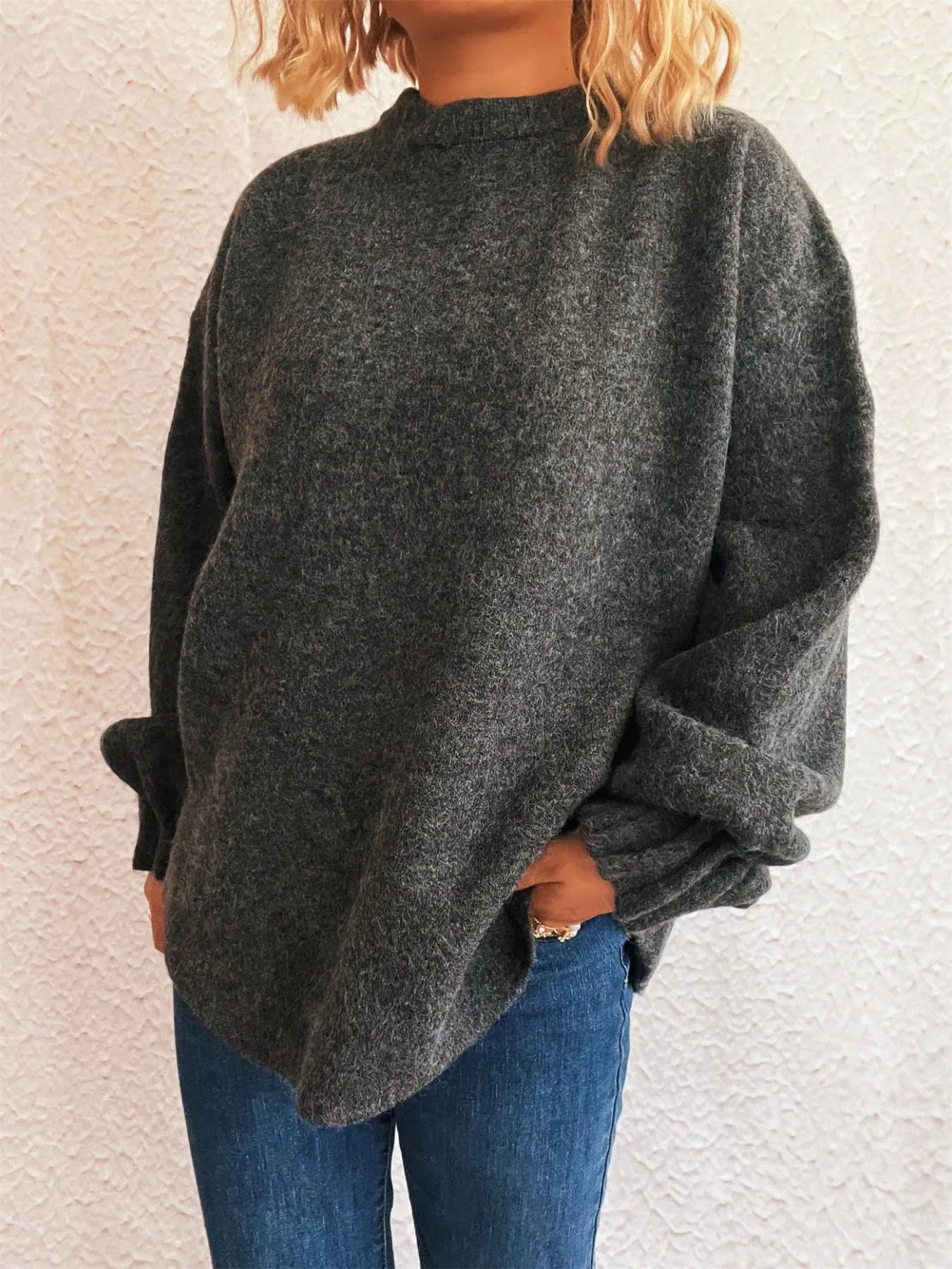 Dark gray dropped-shoulder sweater with round neck and long balloon sleeves