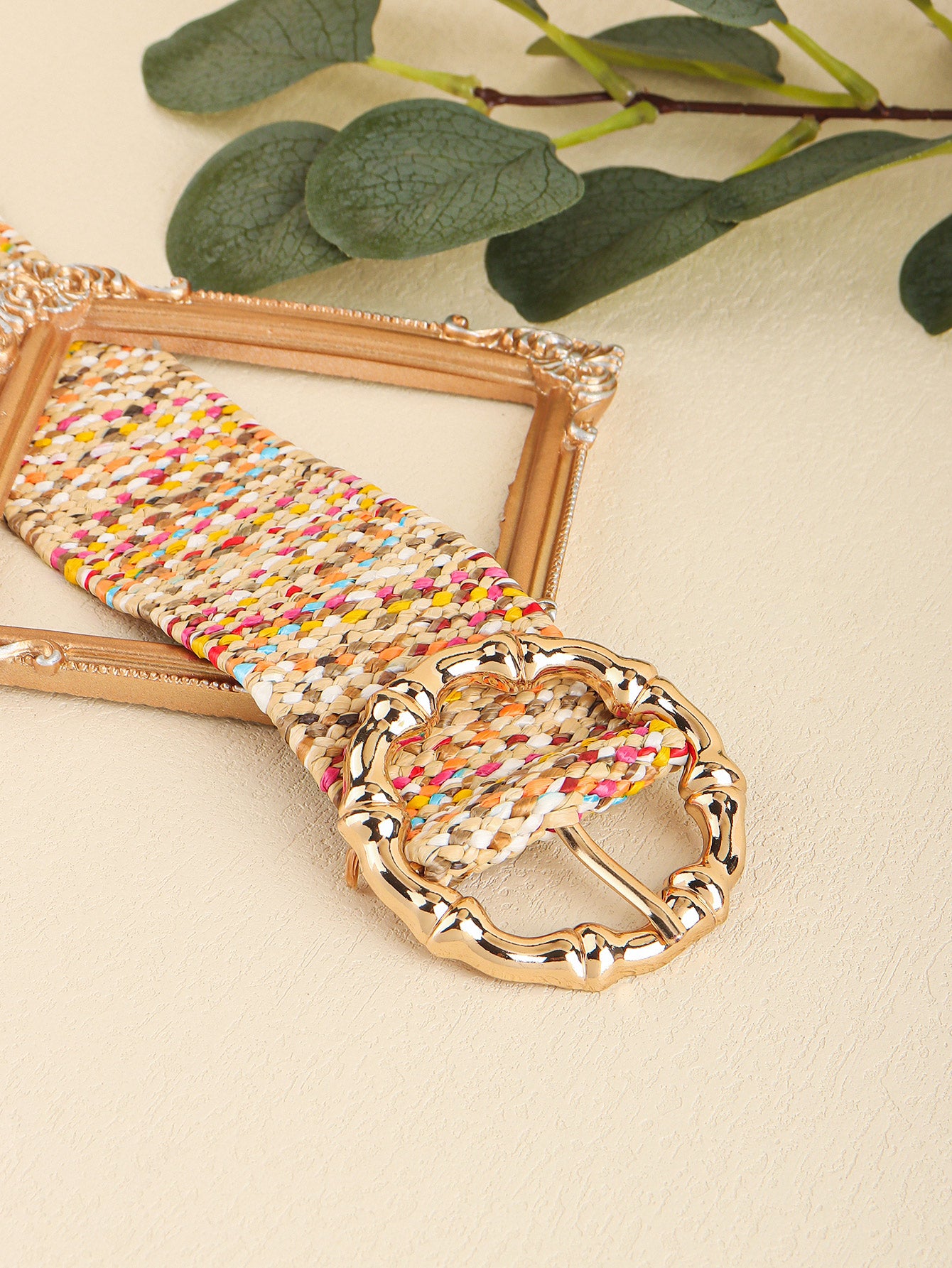 Multicolored wide belt with gold-toned chain buckle and woven fabric strap